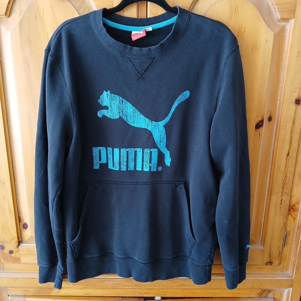 PUMA Fleece Crewneck Pullover Sweatshirt, Black and Teal, Front Pocket, Large